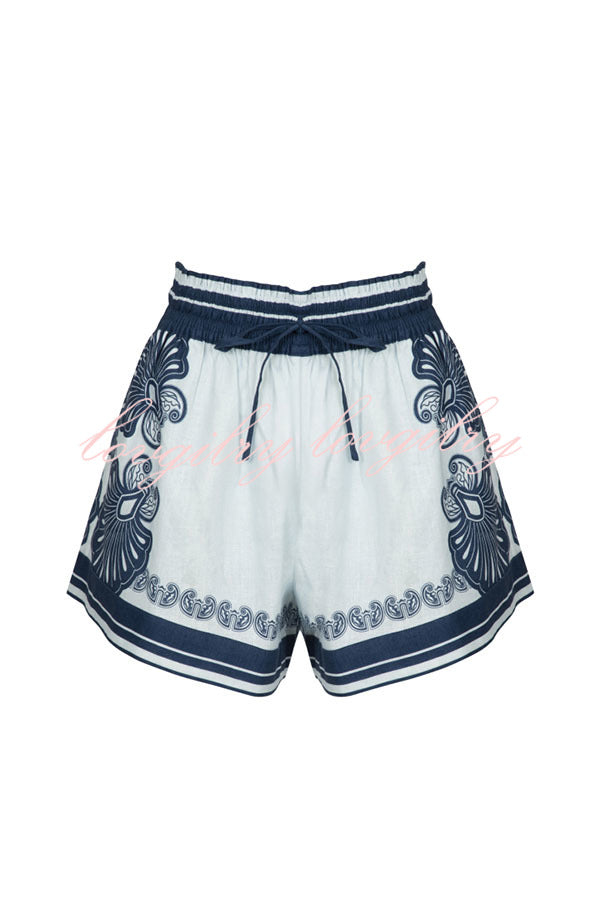 Jiya Linen Blend Unique Print Halter Scarf Tank and Elastic Waist Pocket Shorts Set
