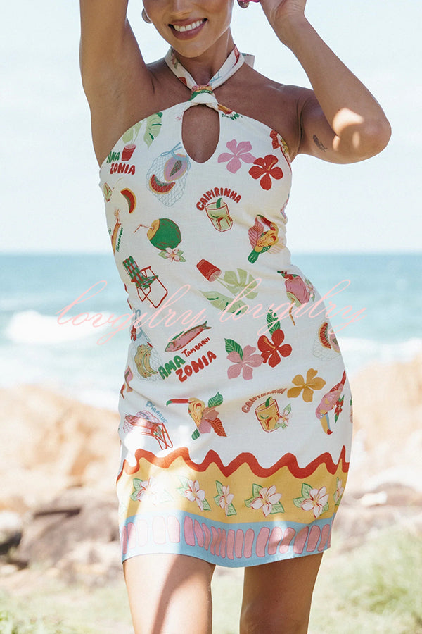 Summer Cute Print Halterneck Halter Back Mini Dress