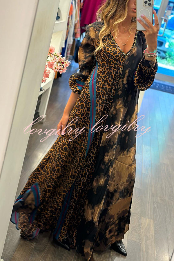 Touch of Fall Tie-dye Leopard Colorblock A-line Swing Maxi Dress