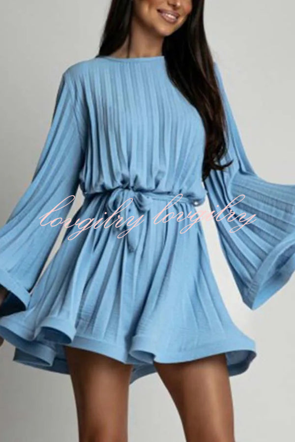 Fashion Bell Sleeve Loose Waist Tie Pleated Mini Dress