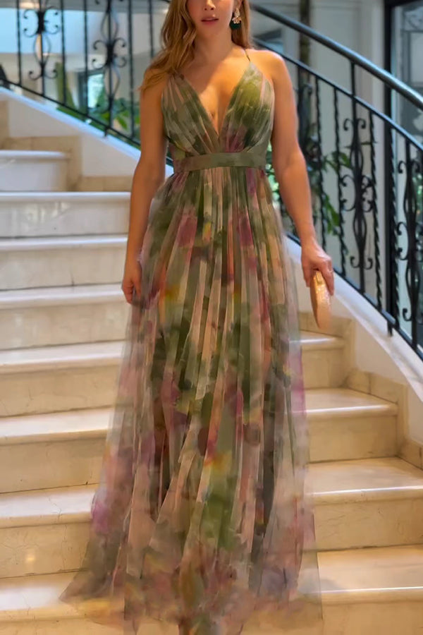 Kerrie Tulle Render Floral Print Cross Back Straps Maxi Dress