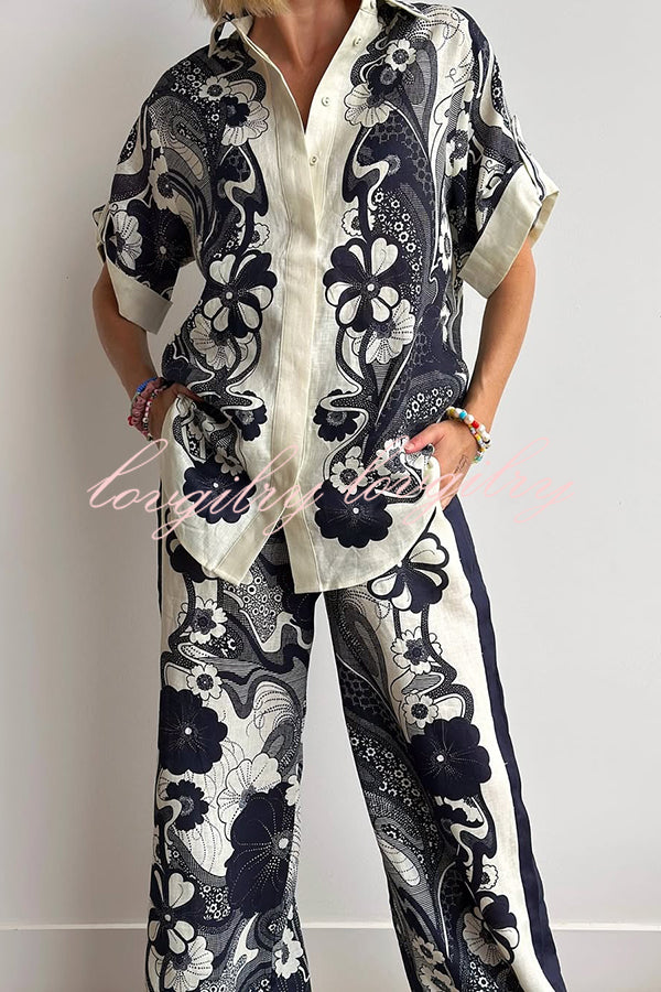 Linen Blend Lapel Short Sleeve Loose Top and Elastic Waist Casual Pocket Wide Leg Pants Set
