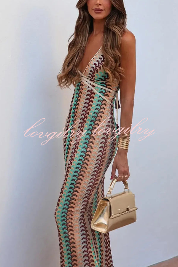 Playful Colorful Knit Holiday Style Halter Neck Maxi Dress