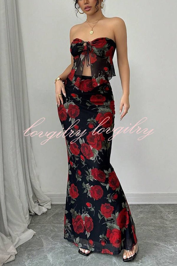 Floral Print Sexy Bandeau Lace-up Top and Slim Mesh Stretch Maxi Skirt Set