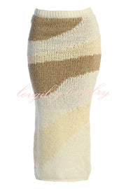 Soft Autumn Knit Colorblock High Rise Elastic Waistband Stretch Midi Skirt