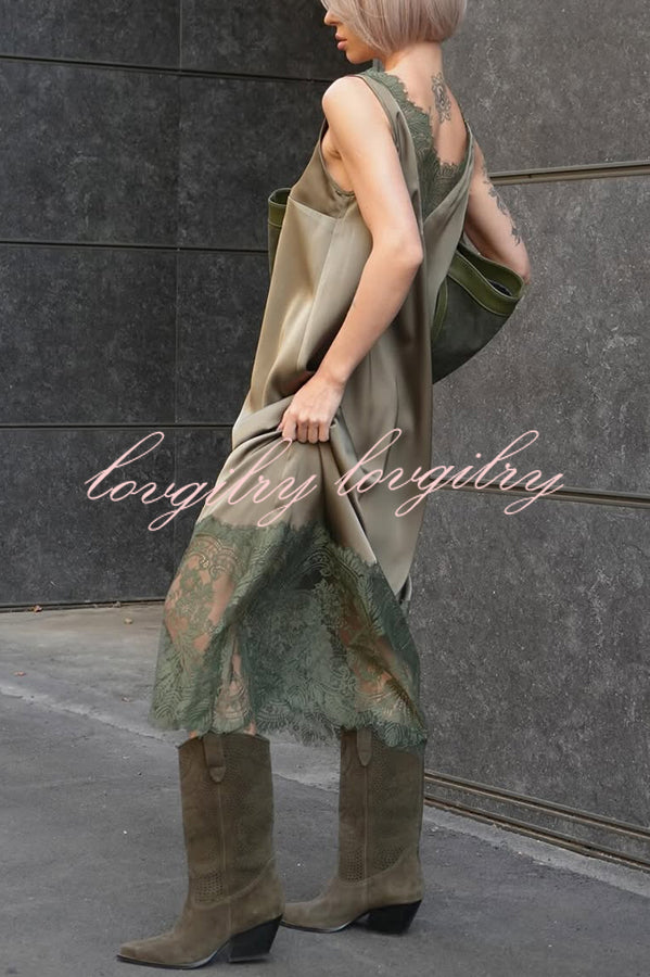Luxury Winter Satin Lace Trim V-neck Sleeveless H-line Maxi Dress