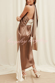 Elegant Whisper Satin Colorblock Halter Asymmetrical Hem Drape Maxi Dress