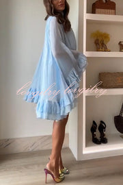 Solid Color Chiffon Trumpet Sleeve Loose Mini Dress