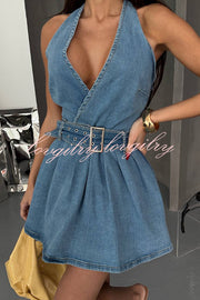 Fashionable Halterneck Open-back Belted Denim Mini Dress
