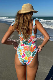 Tropical Sands Floral Unique Print Tie-up Shoulder Stretch One-piece Swimsuit