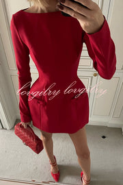 Budding Elegance Bow Detail Boat Neck Long Sleeve Mini Dress