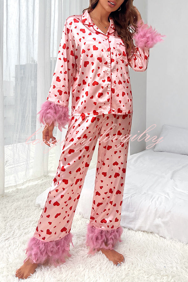 Cater To You Heart Printed Feather Trim Shirt Elastic Waist Pocket Pajama Set