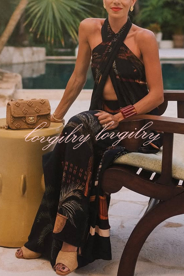 Jungle Elf Unique Print Halter Slit Midi Tank and Elastic Waist Wide Pants Set