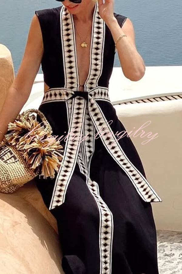 Fashionable Lock-edge Printed V-neck Lace-up Holiday Cover-up Robe