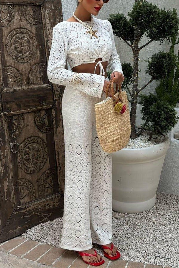 Solid Color Hollow Short Long-sleeved Top and Casual Stretch Wide-leg Pants Knitted Set