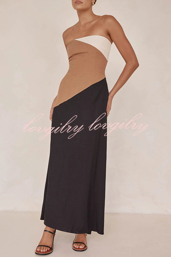 Calissa Asymmetrical Colour Block Strapless Pocketed A-line Maxi Dress