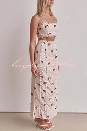 Rosa Linen Blend Bow Print Scallop Lace Trim Crop Tank and High Rise Slit Skirt Set