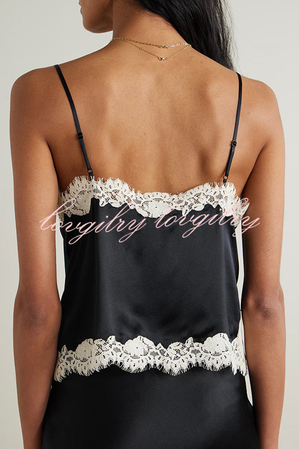Celebration Look Contrast Color Satin Lace Trim V-Neck Slip Tank