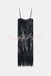 Chic Celebration Layered Sequined Tassels Slip Strapless H-line Midi Dress