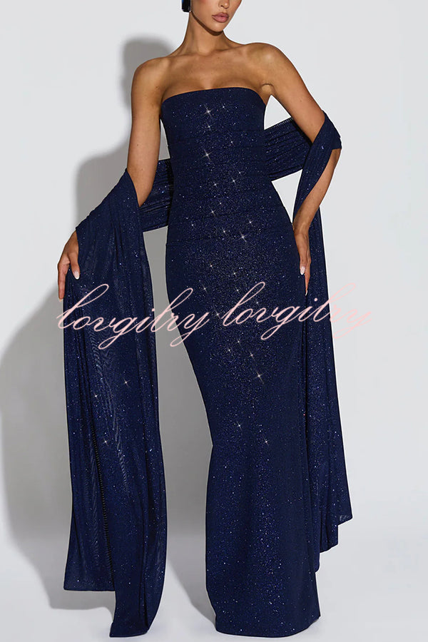 Pandra Glittery Crepe Fabric Off Shoulder Ruched Slit Cape Maxi Dress