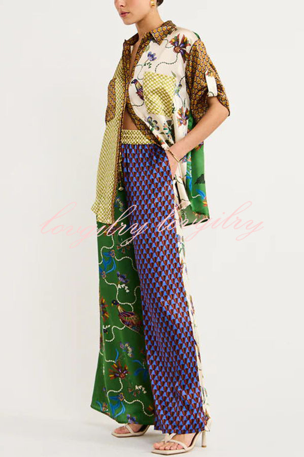 Nia Satin Unique Print Patchwork Elastic Waist Pocketed Wide Leg Pants