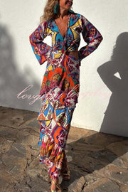 Colorful Day Unique Print Bell Sleeve Cutout Waist Layered Maxi Dress