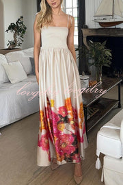 Hidden Garden Satin Floral Print Smocked Tie-up Shoulder Maxi Dress