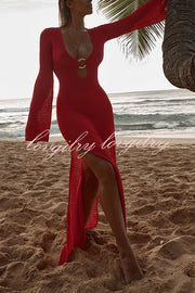 Seaside Goddess Crochet Knit Hollow Out Golden Ring Long Sleeve Cover-up Maxi Dress