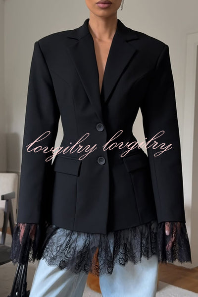 Solid Color Lace Panel Long Sleeve Button Elegant Blazer