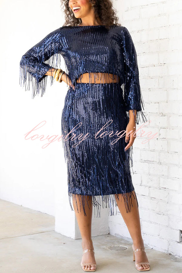 Insight Blueberry Sequin Fringe High Rise Elastic Waistband Midi Skirt
