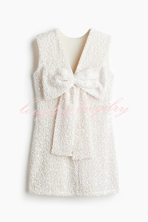 Glam Season Velvet Sequin Back Oversized Bow Design Sleeveless Loose Mini Dress
