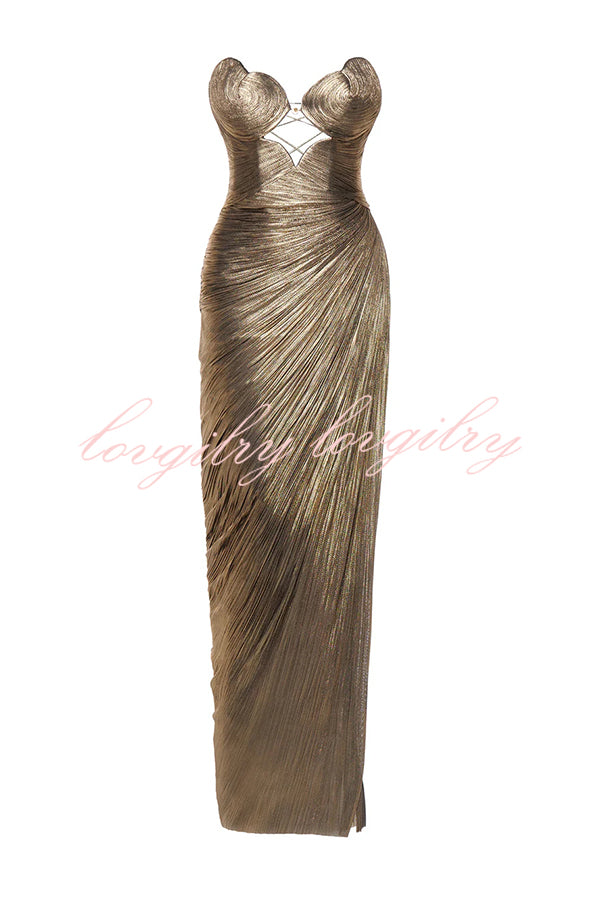 Amisha Metallic Pleated Shell Cups Hollow Gold Pendant Strapless Drape Slit Maxi Dress