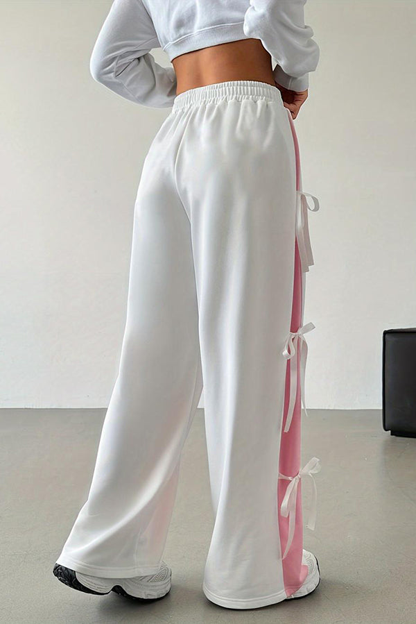 Fashion Elastic Waist Side Bow Casual Straight Wide-leg Pants