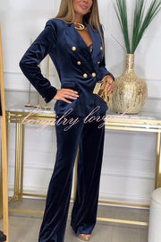 Guest of Honor Velvet Metal Button Lapel Blazer and Elastic Waist Pocketed Loose Pants Set