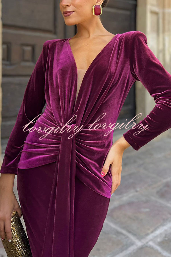 Elisabeth Luxurious Velvet Padded Shoulders Long Sleeve Twist Waist Drape Midi Dress