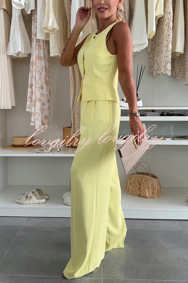 Workplace Chic Sleeveless Button Vest and Relaxed Pocket Wide Leg Pants Set