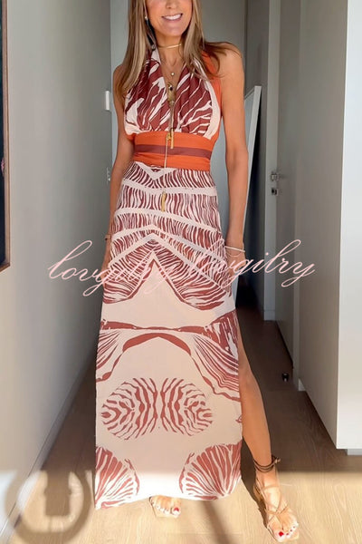 Vacay Bound Linen Blend Unique Botanical Print Halter Maxi Dress