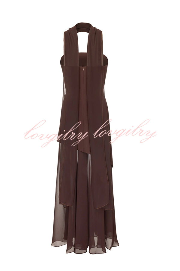 Monaco Off Shoulder Structured Top Chiffon Slit Hem Scarf Maxi Dress