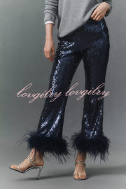 New Year Eve Sequin Feather Trim High Rise Back Zipper Flare Pants