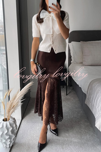 Cozy Sweet Darling Satin Lace Patchwork Mid Rise Slit Maxi Skirt