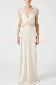Wonderful Fusion Satin Lace Trim See-through Waist V-neck Drape Maxi Dress