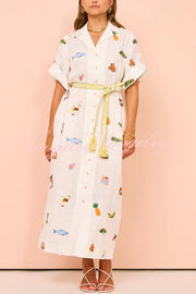 Loretta Cotton Blend Unique Print Fringed Belt Pocketed Shirt Midi Dress