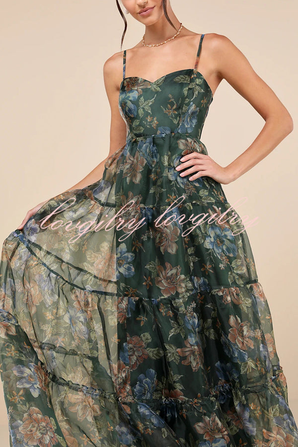 Exclusive Glamour Organza Floral Print Tiered Slip Maxi Dress