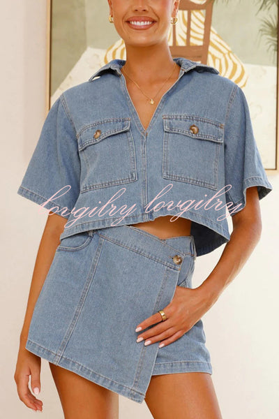 Summer V-neck Short-sleeved Loose Top and Irregular Pocket Jeans Skirt Set