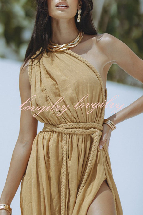 Avani Linen Blend Draped Braids One Shoulder Slit Maxi Dress