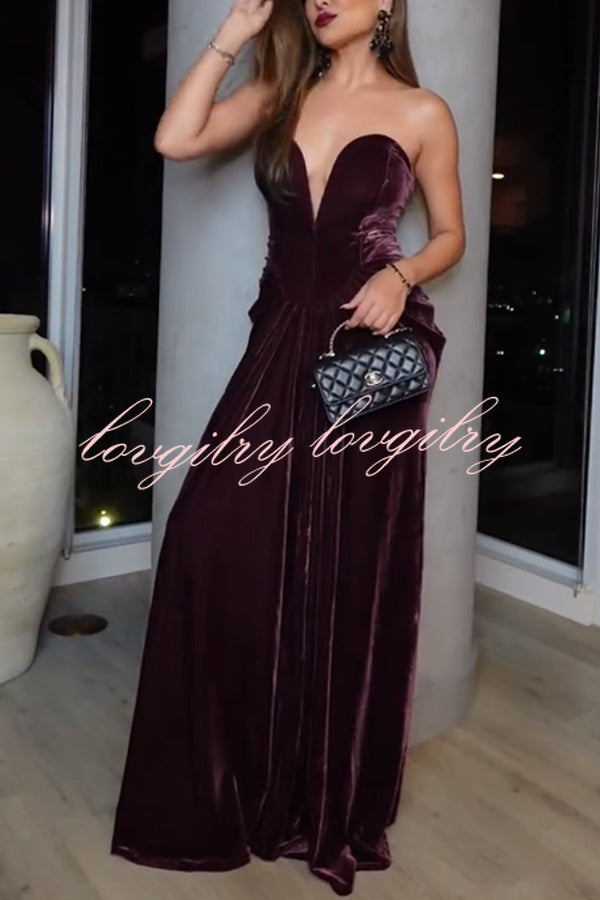Paige Velvet Off Shoulder Side Pleated Hip Drape Maxi Dress