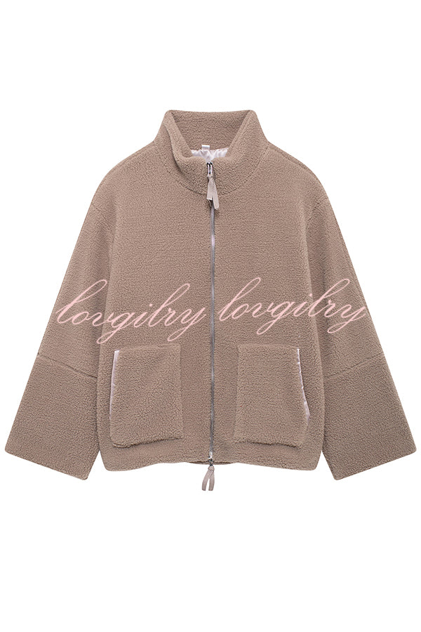 Solid Color Stitching High Collar Long Sleeve Loose Pocket Woolen Coat