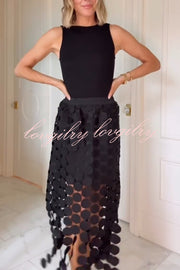 Casie See Through Circle Embroidery Elastic Waist Tassle Hem Maxi Skirt