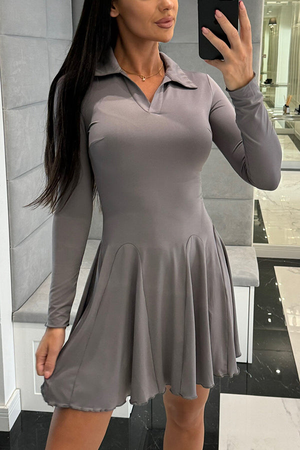 Solid Color Lapel Long Sleeve Slim Fit Waist Mini Dress