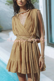 Glimpse of Happiness Linen Blend Draped Braids Belt Cover Up Mini Dress